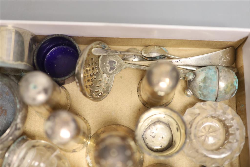 Eight assorted silver condiments including pair of Victorian mounted glass and a Georgian bun salt etc.